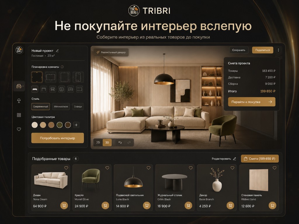 Готовый интерьер с мебелью и декором в TRIBRI